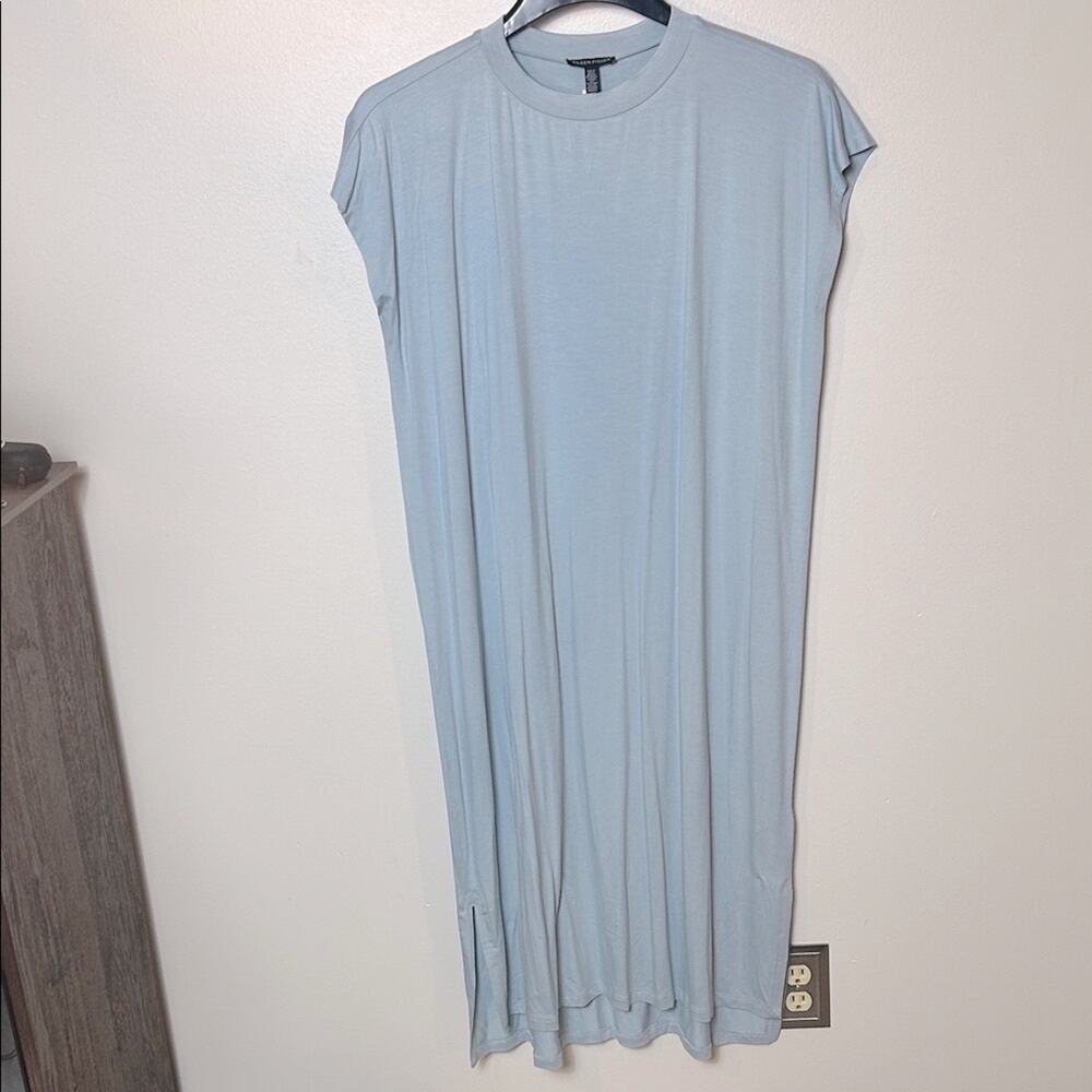 NWT Eileen Fisher viscose crew neck cap sleeve t-shirt pocket dress in Dawn Blue